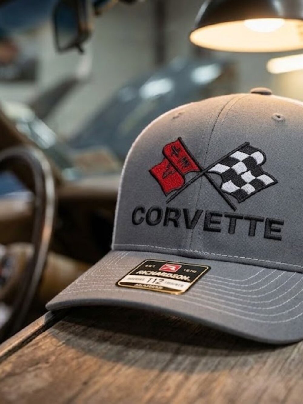 Vintage C3 Corvette Crossed Flags Grey White Richardson 112 Snapback Hat Retro